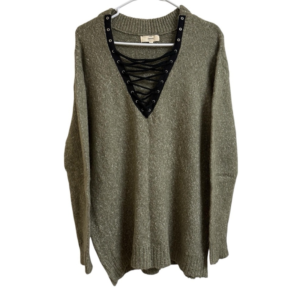 Entro Women Size L Green Lace Up V Neck Long Sleeve Sweater Goblincore Goth Punk